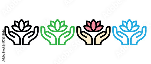Four stylized hand lotus icons in black, green, pink, and blue for wellness and mindfulness