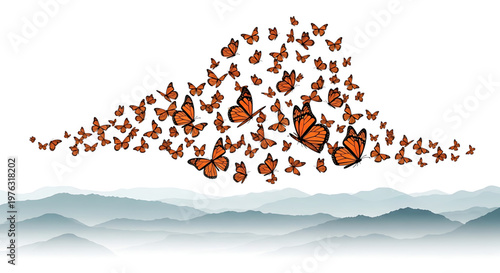 A vector graphic illustration of a flock of monarch butterflies flying over a mountain range