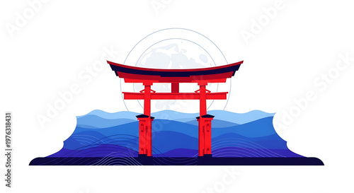 A vibrant red torii gate stands in front of a serene mountain range under a full moon
