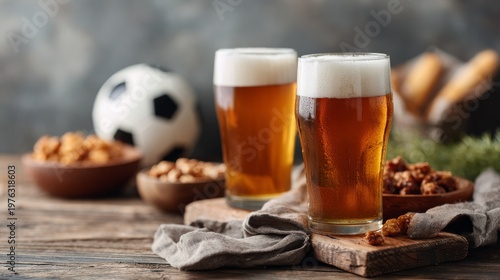 Two pints of beer with snacks, perfect for a soccer game gathering.