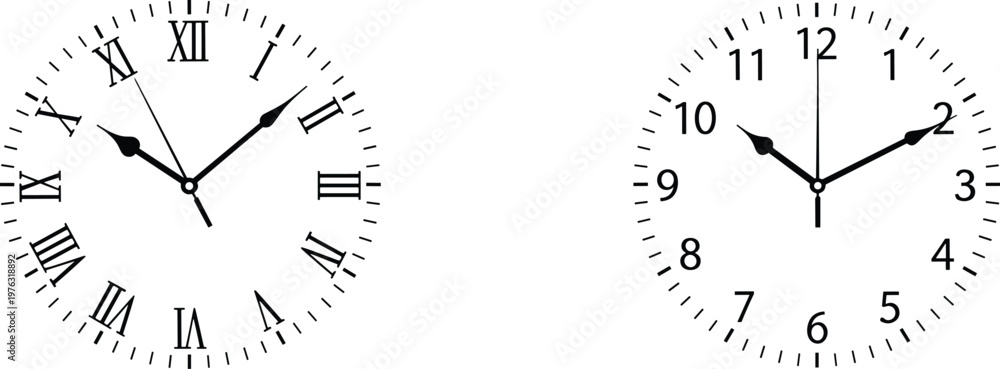 Fototapeta premium Analog clocks comparison, Roman numerals and Arabic numerals faces, traditional versus modern time design, black white illustration set