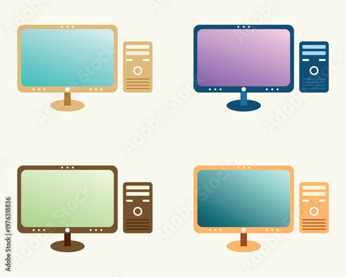 Modern Desktop Computer Monitor and CPU Flat Vector Illustration Set