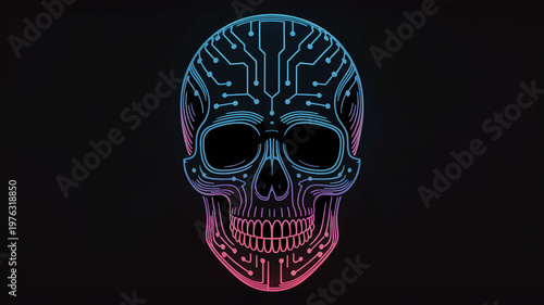 A colorful skull with circuit board design on a black background symbolizing technology and innovation