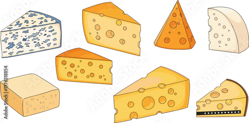 Cheese Collection Vector Illustration Set Featuring Different Cheese Types Including Swiss Cheddar Blue Cheese and Wedges for Food Dairy and Culinary Design Projects