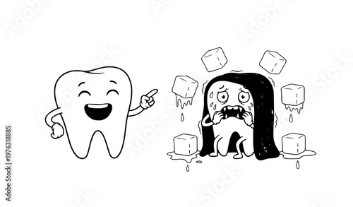 Cartoon tooth sensitivity concept healthy tooth pointing at cold tooth vector