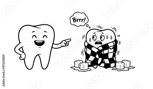 Tooth sensitivity concept healthy tooth and cold shivering tooth cartoon vector