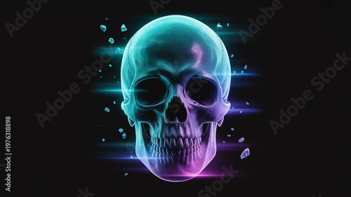 Glowing neon skull with purple and blue hues on black background
