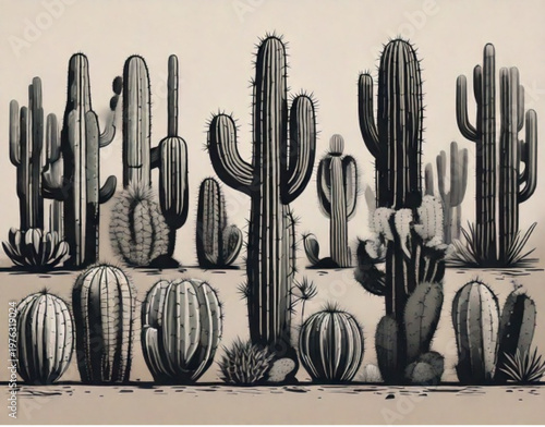 Collection of various desert cacti in a row.