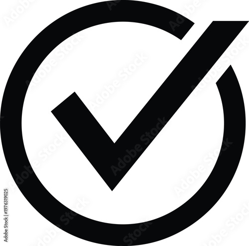 Check mark in circle icon, approval completion correctness symbol, black vector illustration for verified design