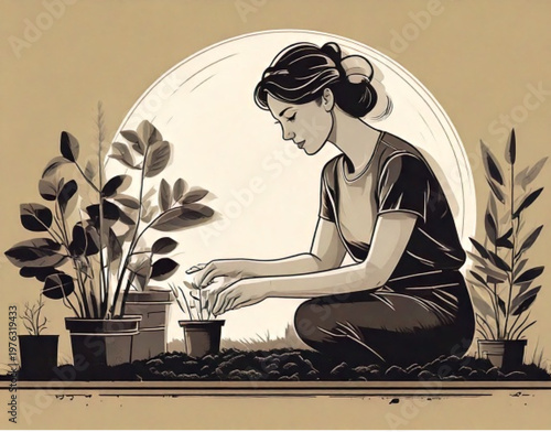 Woman tending to potted plants indoors with care and focus.