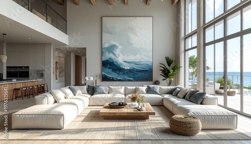 Luxurious modern living space with ocean view, large art, open layout