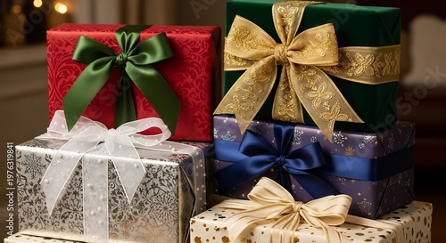 A festive stack of beautifully wrapped gift boxes with colorful ribbons and bows, ready for a special occasion or holiday celebration.