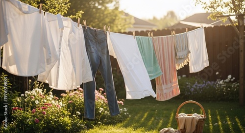 Freshly washed laundry hanging on a clothesline in a sunny backyard garden during the golden hour, with long shadows stretching across the green grass.
