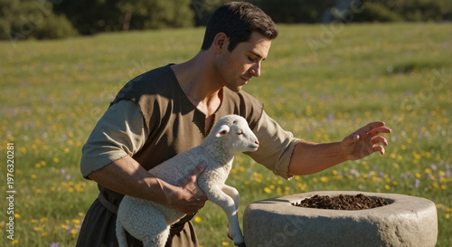 Biblical figure Abel holding a white lamb for sacrifice. Ancient shepherd preparing an offering at a stone altar in a sunlit grassy meadow. Old Testament religion and faith concept