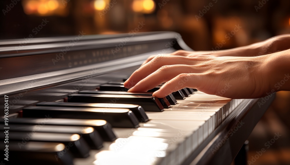 Obraz premium Elegant hands playing piano keys in a warm and inviting atmosphere creating beautiful melodies