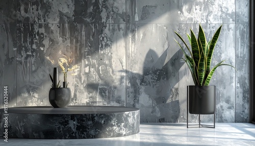 Interior scene with potted plants set against a textured concrete wall