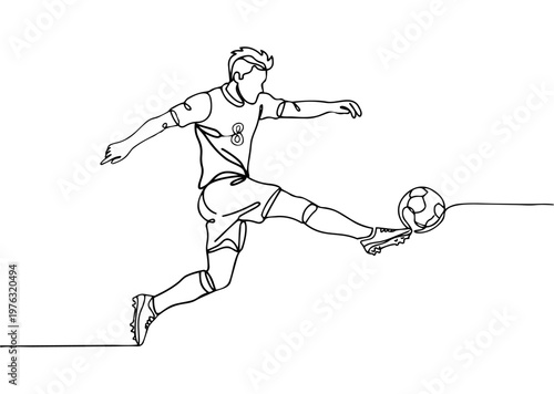 Minimal line illustration of a soccer player kicking a ball in motion. Clean monochrome design highlighting athletic action and dynamic movement.