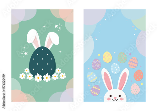 Easter greeting card set with cute bunny ears on dark egg and rabbit head surrounded by festive eggs.