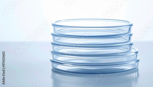 Stack of empty, clear, glass laboratory dishes on a bright surface