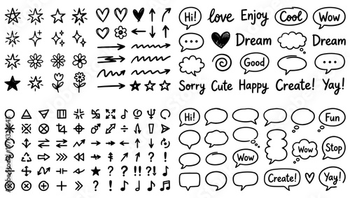 Whimsical Hand-Drawn Doodles & Handwritten Text on Transparent background, doodles, hand-drawn, whimsical, playful, expressive, sketch, vector, stars, sparkles, hearts, flowers, arrows, swirls, 