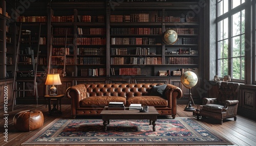 Cozy library with leather furniture, books, and vintage globes