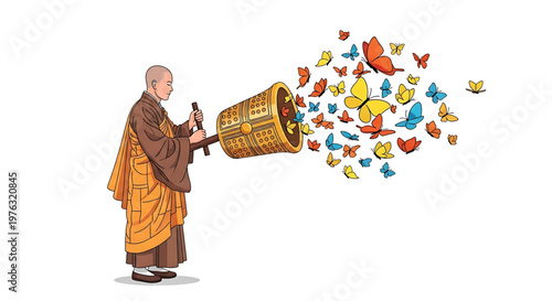 A Buddhist monk releasing colorful butterflies from a basket in a vibrant illustration