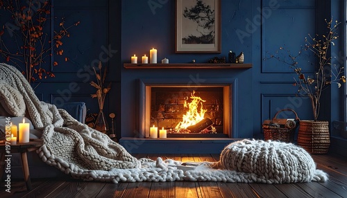 Cozy living room with fireplace, candles, and knitted blanket