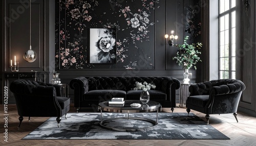 Elegant dark interior with floral wallpaper, black furniture, and natural light