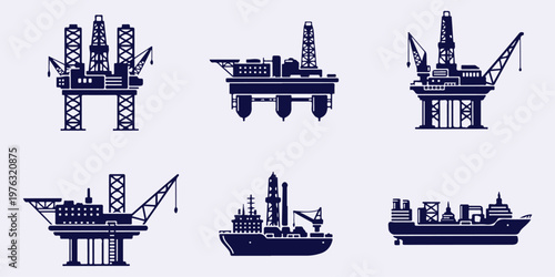 An illustration of various offshore oil rigs and ships used for drilling and extraction in the ocean