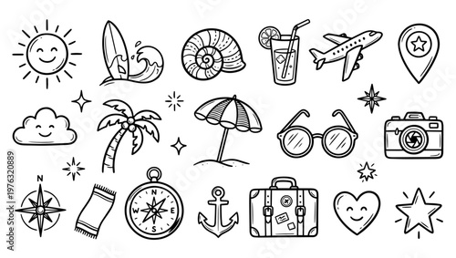 Hand-Drawn Travel & Vacation Icons on Transparent Background, travel, vacation, holiday, summer, beach, adventure, hand-drawn, icons, doodle, sketch, vector, playful, decorative, sun, surfboard, 