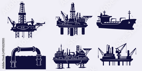 An illustration of various industrial offshore oil rigs and ships used for drilling and transportation in the energy sector.
