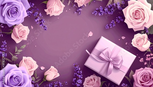 Pink and purple roses with lavender surround an elegant gift box. AI Generative
