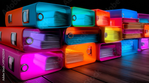 Colorful Office Binders with Documents Stacked on Desk for File Organization Concept