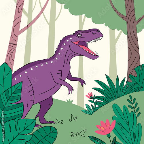 Purple tyrannosaurus rex dinosaur cartoon roaring in a lush prehistoric forest landscape with green foliage and pink flowers t rex dinosaur park dinosaur illustration prehistoric creature