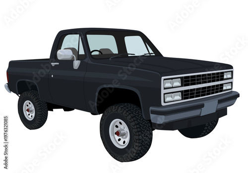 Vector illustration of a retro 1980s style 4x4 pickup truck in matte black