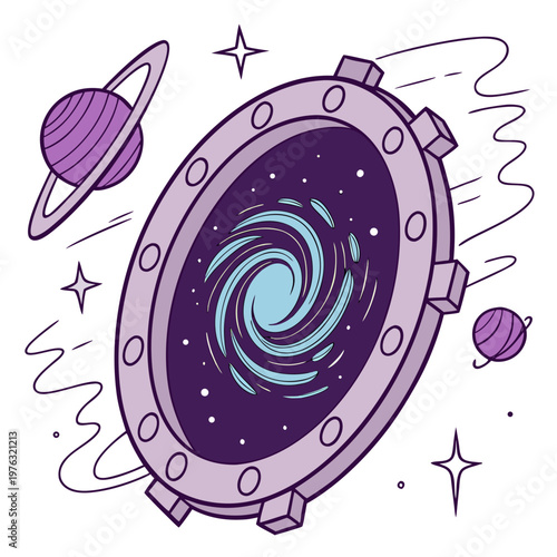 Metallic porthole window opening to a swirling blue galaxy with distant planets and stars in outer space concept of interstellar travel sci fi science fiction deep space ringed planet porthole