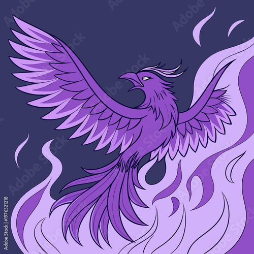 Dynamic purple phoenix bird in mid-flight with spreading wings surrounded by fiery flames representing freedom and power mythical illustration energetic strength mythology creature majestic