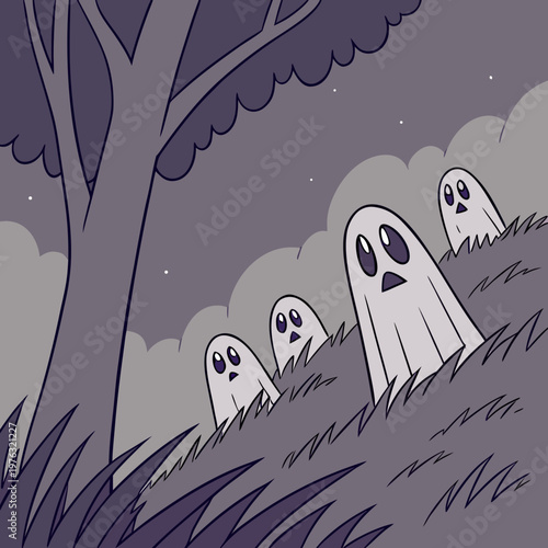 Group of shy cartoon ghosts peeking out of tall grass next to a tree trunk in a spooky nighttime landscape with stars supernatural illustration apparition halloween woodland mysterious watching