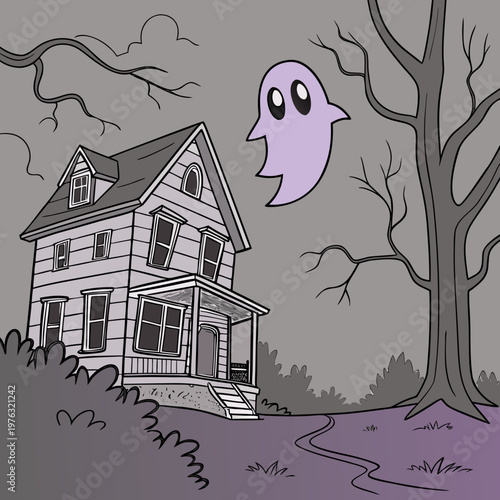 Cute cartoon ghost floating near a spooky old haunted house and a large bare tree with a path leading away under a gloomy sky front yard supernatural illustration halloween mysterious building