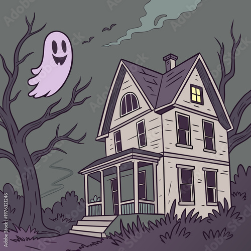 Friendly cartoon ghost floating near an old haunted house with bare trees at dusk or night a lighted window and dark atmosphere front yard supernatural illustration halloween mysterious