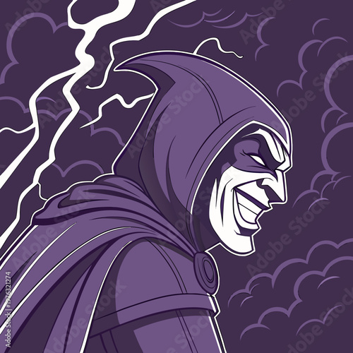 Side profile of a menacing villain character with a sharp evil grin and a dark hooded cape set against a stormy sky with bright lightning strikes and stylized clouds evoking a sense of powerful
