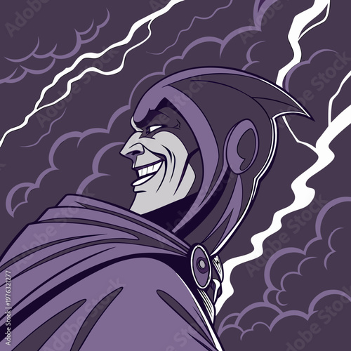 Evil character in a purple hooded cape and mask a wide mischievous grin set against a backdrop of stormy clouds and striking lightning representing dark fantasy or a supervillain with supervillain