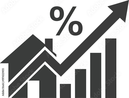 Real estate growth graph displays an upward percentage trend indicating the rising property market values and investment success.
