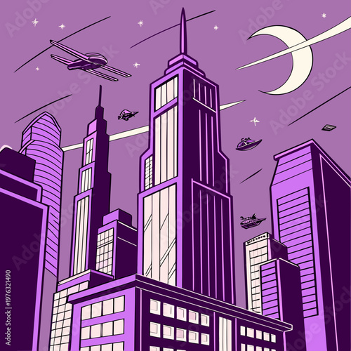 Futuristic city skyscrapers at night with airplanes and flying vehicles under a crescent moon digital art high rise science fiction sci fi urban life skyscrapers airplanes architecture