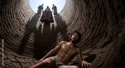 Biblical scene of Joseph in the dry well. Young man trapped in a stone pit looking up at his brothers. Joseph sold into slavery concept