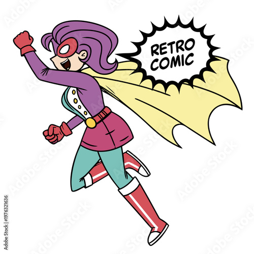 Retro comic superhero girl flying with a speech bubble featuring text 'retro comic' for pop art design comic book old school fictional character pop culture superhero character supergirl