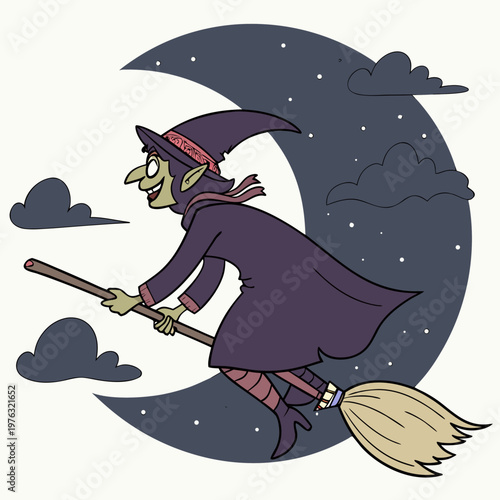 Green witch with pointy hat flying on a broomstick against a crescent moon and starry sky green skin trick or treat fairy tale magical creature broomstick halloween character celebration