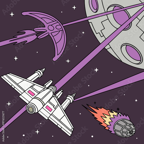 Futuristic space battle with advanced starships firing lasers near a moon and an exploding meteor in deep space science fiction outer space opera sci fi high tech spaceship starship