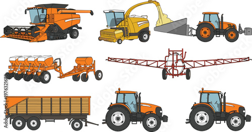 Agricultural Machinery Collection Vector Illustration Set Featuring Tractor Harvester Seeder Sprayer Trailer and Farm Equipment for Modern Farming and Agriculture Design Projects