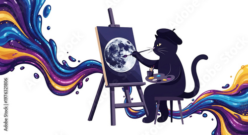 A black cat in a beret paints a moon on an easel with colorful paint splatters around it